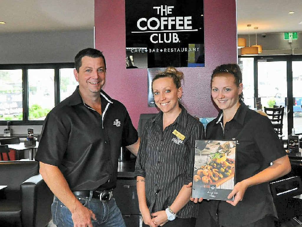 NEW MENU: Coffee Club owner Peter Cook with employees Christie Betts and Natalie McKay are excited about the brand revamp.
